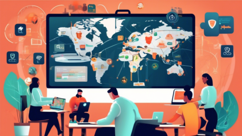 Create an image illustrating the concept of choosing the best VPN in 2023. Show a person, sitting at a desk with a laptop, examining a screen filled with various VPN options, complete with logos, speed indicators, and security features. Present a modern, tech-savvy environment with hints of online security such as padlocks, shields, and a digital world map in the background. Highlight elements that represent top features like speed, security, and global reach.