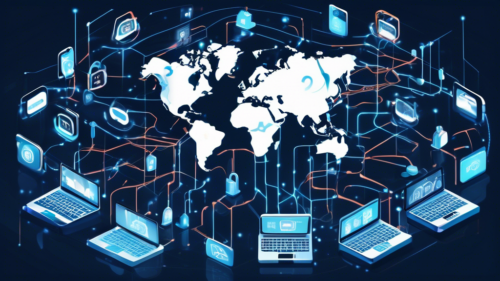 Create an image featuring various digital devices such as laptops, smartphones, and tablets, all connected through a secure network protected by a digital shield. Display elements like a padlock, and data streams flowing safely. The background should include a world map to signify global connectivity and security, highlighting the concept of top VPN services for 2022.
