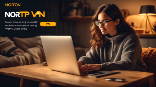 Create an image illustrating a person comfortably using a laptop in a cozy home setting, with a Norton VPN logo displayed on the laptop screen. Surround them with visuals of secure internet connections, such as padlock icons and encrypted data symbols, emphasizing online security and privacy. The background shows different online activities, like shopping, banking, and browsing, all protected by a digital shield.
