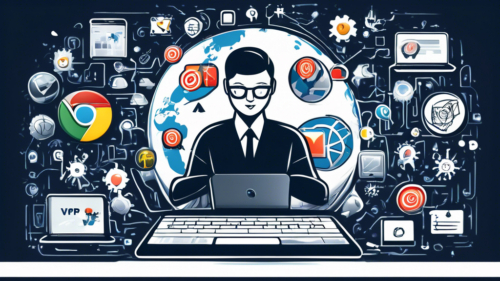 Create a detailed illustration of a person using a laptop with the Chrome browser open, displaying various VPN icons and logos. Surround the laptop with symbols representing internet security, privacy, and global connectivity. The background should have an informative yet modern design, giving an impression of a comprehensive guide.