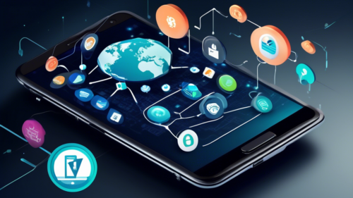 Create an image showing a futuristic Android smartphone surrounded by icons representing various VPN services. The phone's screen displays a sleek user interface with a clear VPN connection, showing secure status and fast speed. In the background, include a globe with glowing connections symbolizing internet security and global coverage. Include text at the top that reads Best VPNs for Android and at the bottom Top Picks for 2023.