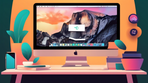 An illustration of a sleek, modern MacBook on a stylish desk, displaying a vibrant screen with a VPN application interface. Surrounding the laptop are subtle icons representing security, privacy, and speed. The background features a cozy, minimalistic home office setup, emphasizing high-tech and safety. Text at the bottom reads: 'The Best VPNs for Mac Users in 2024'.