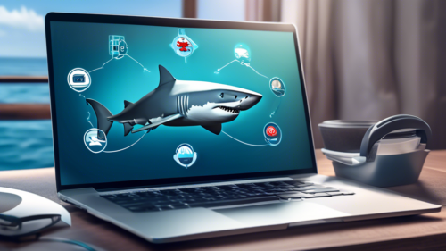 Create an image that depicts a sleek and modern computer desk setup with a laptop displaying the Shark VPN interface. Surrounding the laptop, include icons representing cybersecurity, such as a shield, a lock, and a globe with a secure connection. Above the desk, add a floating shark logo to symbolize Shark VPN. The background should feature a calm ocean scene blending into the digital elements, emphasizing security and tranquility online.