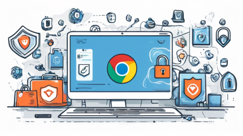 Create an image depicting a laptop screen displaying a Chrome browser with various VPN extension icons on the toolbar. The scene is set on a desk with a lock and shield symbols floating around, symbolizing security. The overall tone should be modern, tech-savvy, and professional.