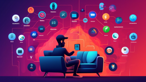 Create an image of a person sitting on a cozy couch in front of a large TV, holding a Firestick remote. The TV screen displays multiple popular VPN app icons like ProtonVPN, Windscribe, and Hotspot Shield. Around the TV, there are icons and graphics depicting security, privacy, and global internet access. The room has a modern, tech-savvy vibe with comfortable furniture and a sleek coffee table. The scene should give a sense of ease and digital security.