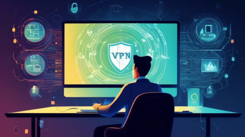 Create an image depicting a person sitting at a computer, their face illuminated by the screen, on which a VPN interface titled VPN Express is displayed. Surrounding the computer, visualize abstract representations of security and privacy, such as shields, locks, and encrypted data symbols. The background should merge the elements of digital connectivity with a serene, private environment, symbolizing the peace of mind one achieves with online privacy protection.