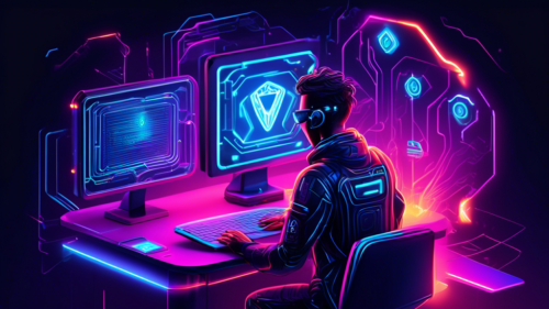Create a detailed digital illustration of a person successfully bypassing a VPN blocker on a computer. Show a complex, futuristic firewall being circumvented with innovative technology, and a VPN shield icon triumphantly shining on the computer screen. The background should have a cyberpunk aesthetic with neon lights and holographic interfaces, symbolizing cutting-edge techniques and tech-savviness.