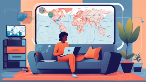 Create a digital illustration showing a person relaxed on a couch, watching Netflix on a smart TV, with a laptop beside them displaying various VPN options. The background features a world map with connection lines indicating global VPN servers. Include subtle elements like Netflix's logo on the TV screen and digital padlocks in the background to symbolize security and privacy.