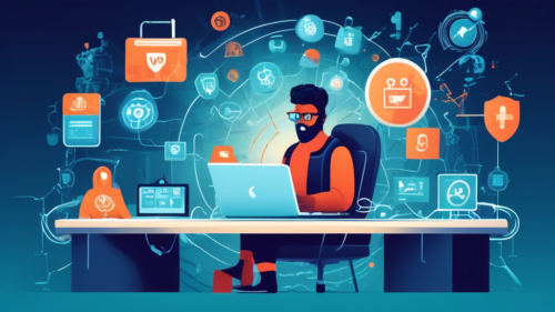 Create an image showing a user securely browsing the internet using Pure VPN. The scene depicts a person comfortably seated at a desk with a laptop, surrounded by digital shields, locks, and encrypted symbols, emphasizing security and protection. The background showcases various cyber threats being blocked by a transparent barrier, highlighting the VPN's effectiveness in safeguarding online activity.