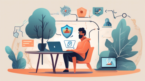 Create an image showing a person securely browsing the internet on their laptop while connected to a Private VPN. The scene should depict a cozy home setting, with the individual looking relaxed and confident. In the background, illustrate symbols of security such as padlocks, shields, and encrypted data streams, highlighting the concept of secure online browsing through VPN usage.