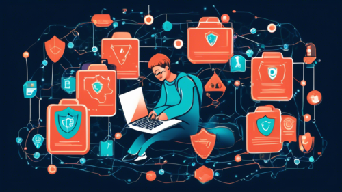 A digital illustration of a person comfortably browsing the internet on a laptop, surrounded by floating padlocks and shields signifying security. The background shows icons like globes and network connections, suggesting global safe browsing through a secure VPN. A hint of the Kaspersky logo subtly integrated into the design.