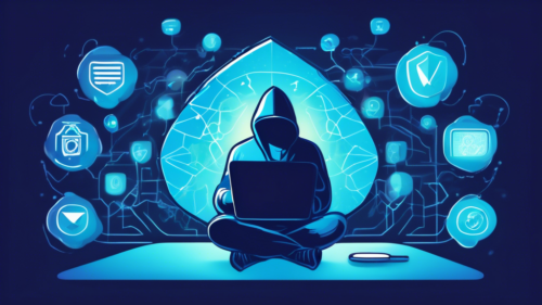 An illustration of a person browsing the internet on a laptop, enveloped by a glowing shield symbol representing a VPN. The background features icons of a padlock, encrypted data, and a globe, symbolizing global online privacy and security. Soft, cool-toned colors give a sense of safety and tranquility.