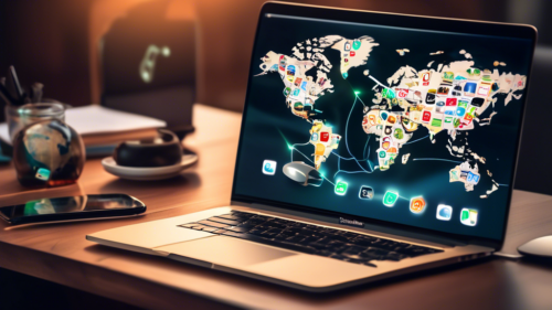 Create an image of a sleek modern MacBook on a stylish desk, displaying various VPN service logos popping up around the screen. The background should include elements like security shields, locked padlocks, and a world map to represent internet privacy and global server access. The overall vibe should be tech-savvy, secure, and professional, with soft lighting and a clean, organized setup.