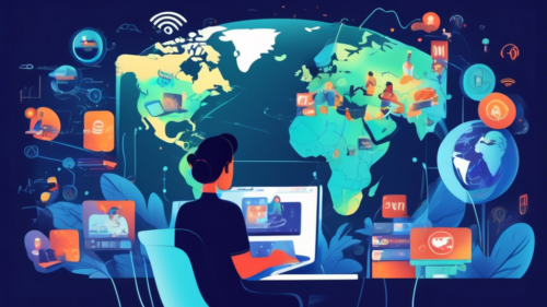 Create an illustration showing a person streaming a movie on a laptop while connected to a VPN. The scene should include dynamic icons and symbols representing global internet security, privacy shields, and various streaming services (like Netflix, Hulu, and Disney+). The background should feature a world map highlighting different regions, conveying seamless global content access.