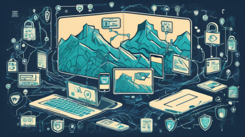 Create an image depicting a digital landscape with a virtual private network (VPN) shield overlaying a variety of devices such as a computer, smartphone, and tablet. The background should show a secure internet connection with padlocks and encrypted data symbols. The overall theme should emphasize security and free online services for secure browsing.